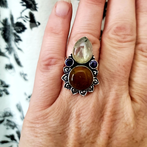 New Golden Rutile, Tiger Eye and Amethyst 925 Silver Ring. - Picture 5 of 9
